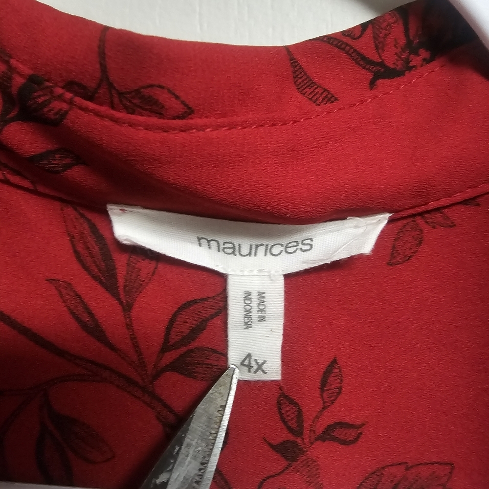 Maurice's Winona Red and Black Floral Button Down‎ Blouse Roll Tab Sleeves - Picture 8 of 8